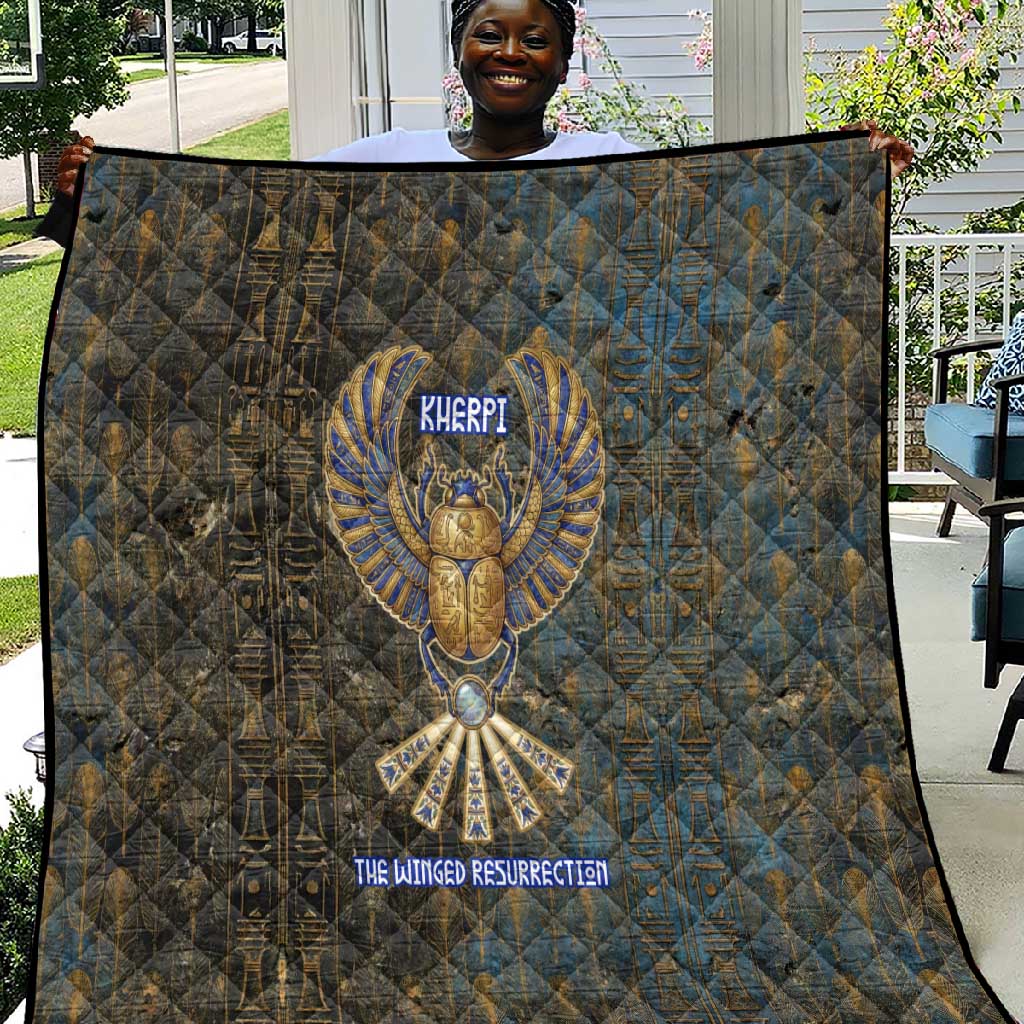 Khepri Ancient Egyptian Quilt Dark Hieroglyphic, Blue Lotus Eye Symbol, and Winged Scarab Resurrection - Wonder Print Shop