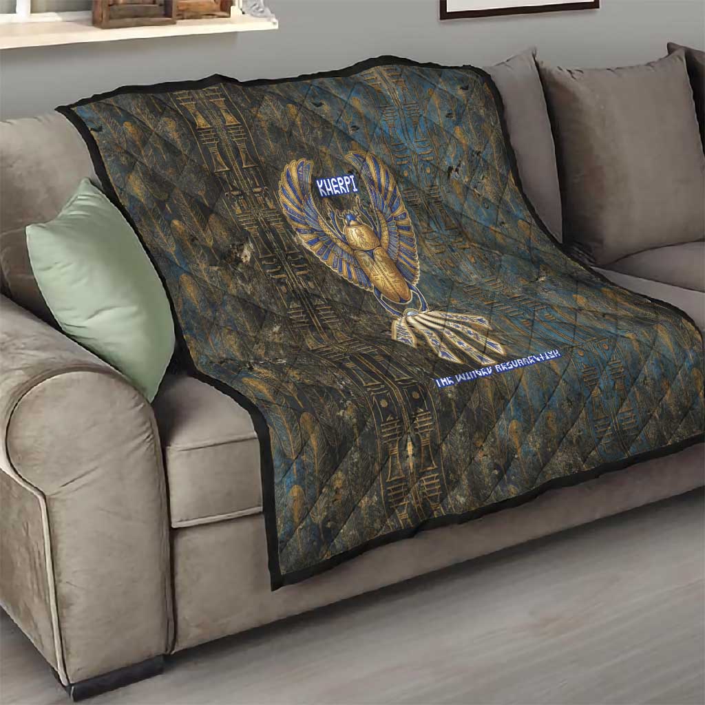 Khepri Ancient Egyptian Quilt Dark Hieroglyphic, Blue Lotus Eye Symbol, and Winged Scarab Resurrection - Wonder Print Shop