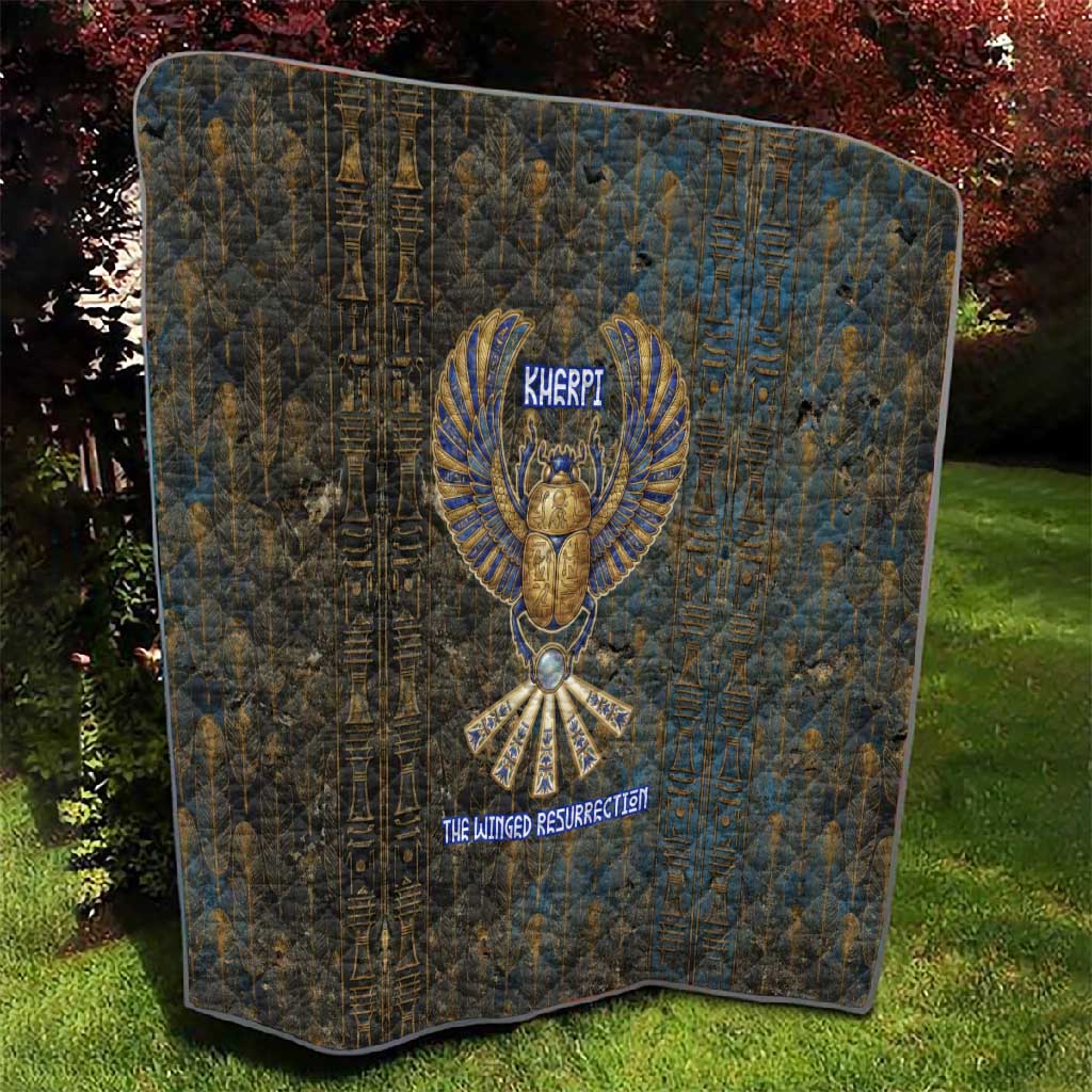 Khepri Ancient Egyptian Quilt Dark Hieroglyphic, Blue Lotus Eye Symbol, and Winged Scarab Resurrection - Wonder Print Shop
