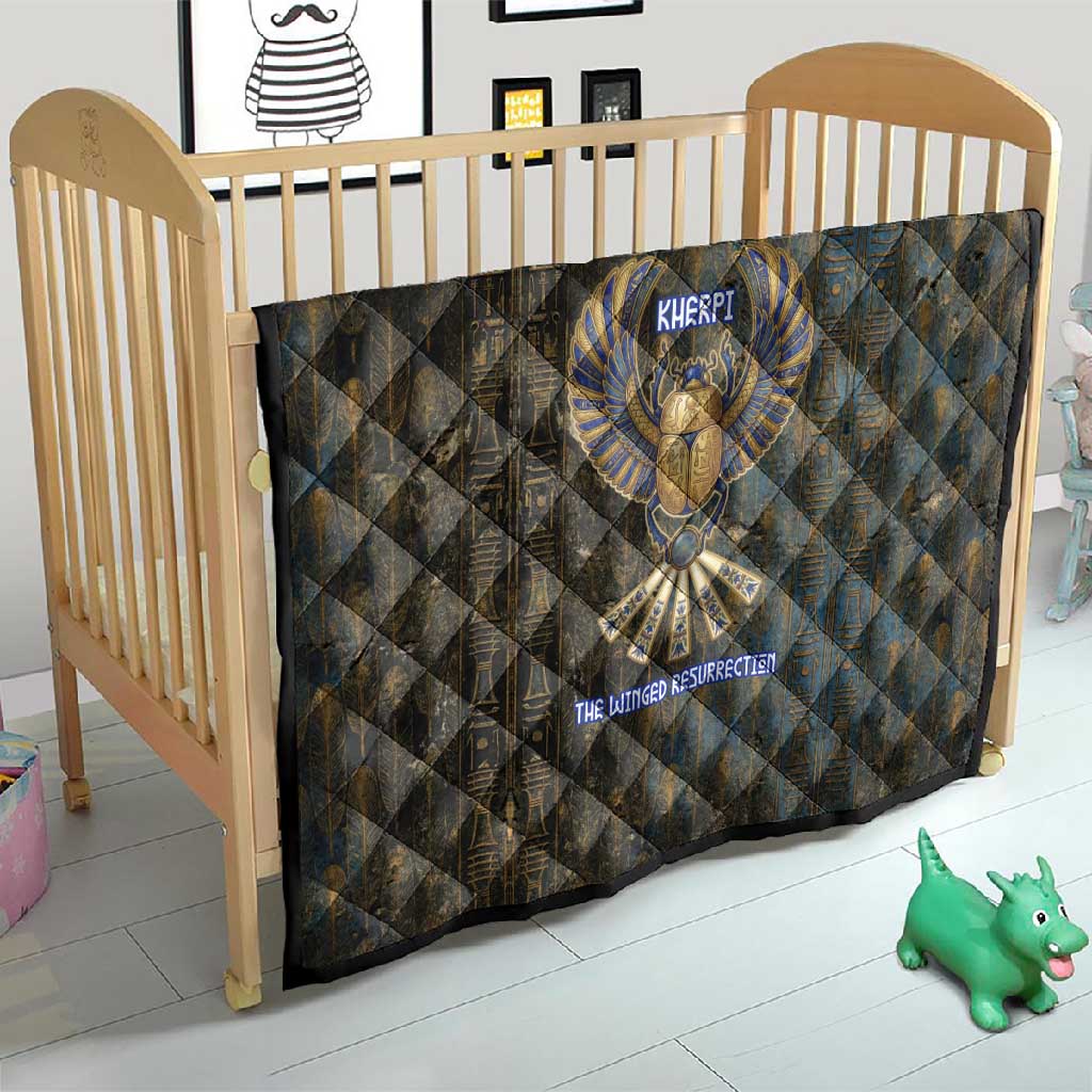 Khepri Ancient Egyptian Quilt Dark Hieroglyphic, Blue Lotus Eye Symbol, and Winged Scarab Resurrection - Wonder Print Shop