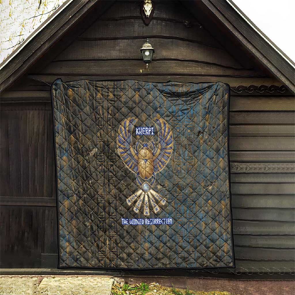 Khepri Ancient Egyptian Quilt Dark Hieroglyphic, Blue Lotus Eye Symbol, and Winged Scarab Resurrection - Wonder Print Shop