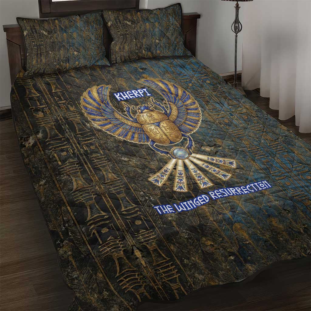 Khepri Ancient Egyptian Quilt Bed Set Dark Hieroglyphic, Blue Lotus Eye Symbol, and Winged Scarab Resurrection - Wonder Print Shop