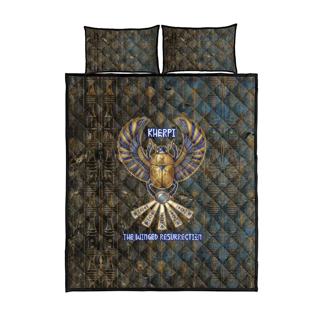 Khepri Ancient Egyptian Quilt Bed Set Dark Hieroglyphic, Blue Lotus Eye Symbol, and Winged Scarab Resurrection - Wonder Print Shop