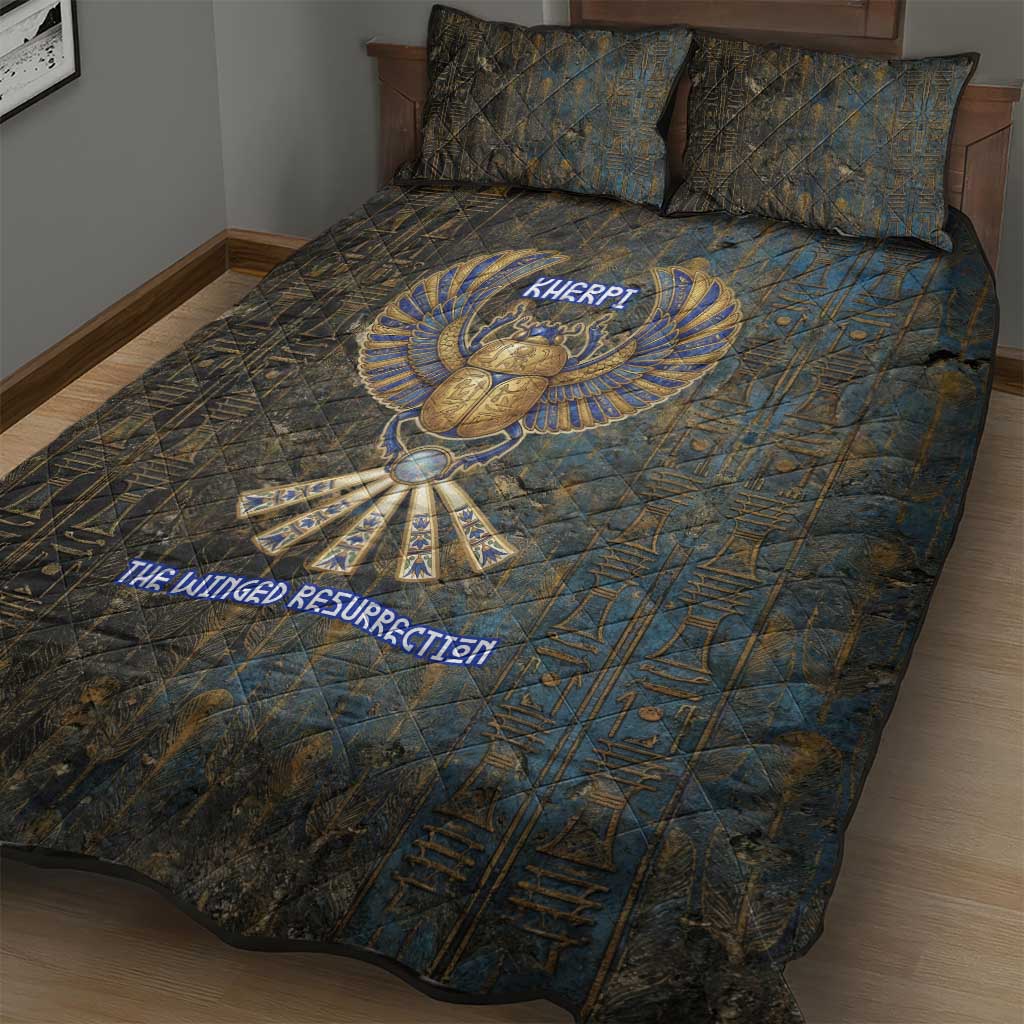 Khepri Ancient Egyptian Quilt Bed Set Dark Hieroglyphic, Blue Lotus Eye Symbol, and Winged Scarab Resurrection - Wonder Print Shop