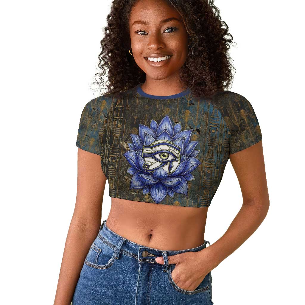 Khepri Ancient Egyptian Raglan Cropped T shirt Dark Hieroglyphic, Blue Lotus Eye Symbol, and Winged Scarab Resurrection - Wonder Print Shop