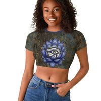 Khepri Ancient Egyptian Raglan Cropped T shirt Dark Hieroglyphic, Blue Lotus Eye Symbol, and Winged Scarab Resurrection - Wonder Print Shop