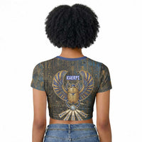 Khepri Ancient Egyptian Raglan Cropped T shirt Dark Hieroglyphic, Blue Lotus Eye Symbol, and Winged Scarab Resurrection - Wonder Print Shop
