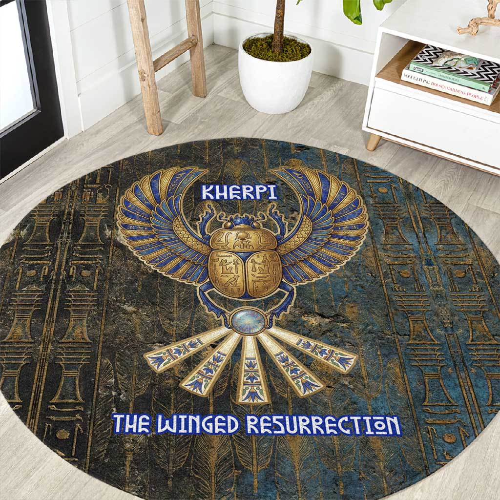 Khepri Ancient Egyptian Round Carpet Dark Hieroglyphic, Blue Lotus Eye Symbol, and Winged Scarab Resurrection - Wonder Print Shop
