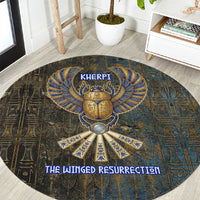 Khepri Ancient Egyptian Round Carpet Dark Hieroglyphic, Blue Lotus Eye Symbol, and Winged Scarab Resurrection - Wonder Print Shop