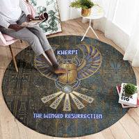 Khepri Ancient Egyptian Round Carpet Dark Hieroglyphic, Blue Lotus Eye Symbol, and Winged Scarab Resurrection - Wonder Print Shop