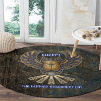Khepri Ancient Egyptian Round Carpet Dark Hieroglyphic, Blue Lotus Eye Symbol, and Winged Scarab Resurrection - Wonder Print Shop