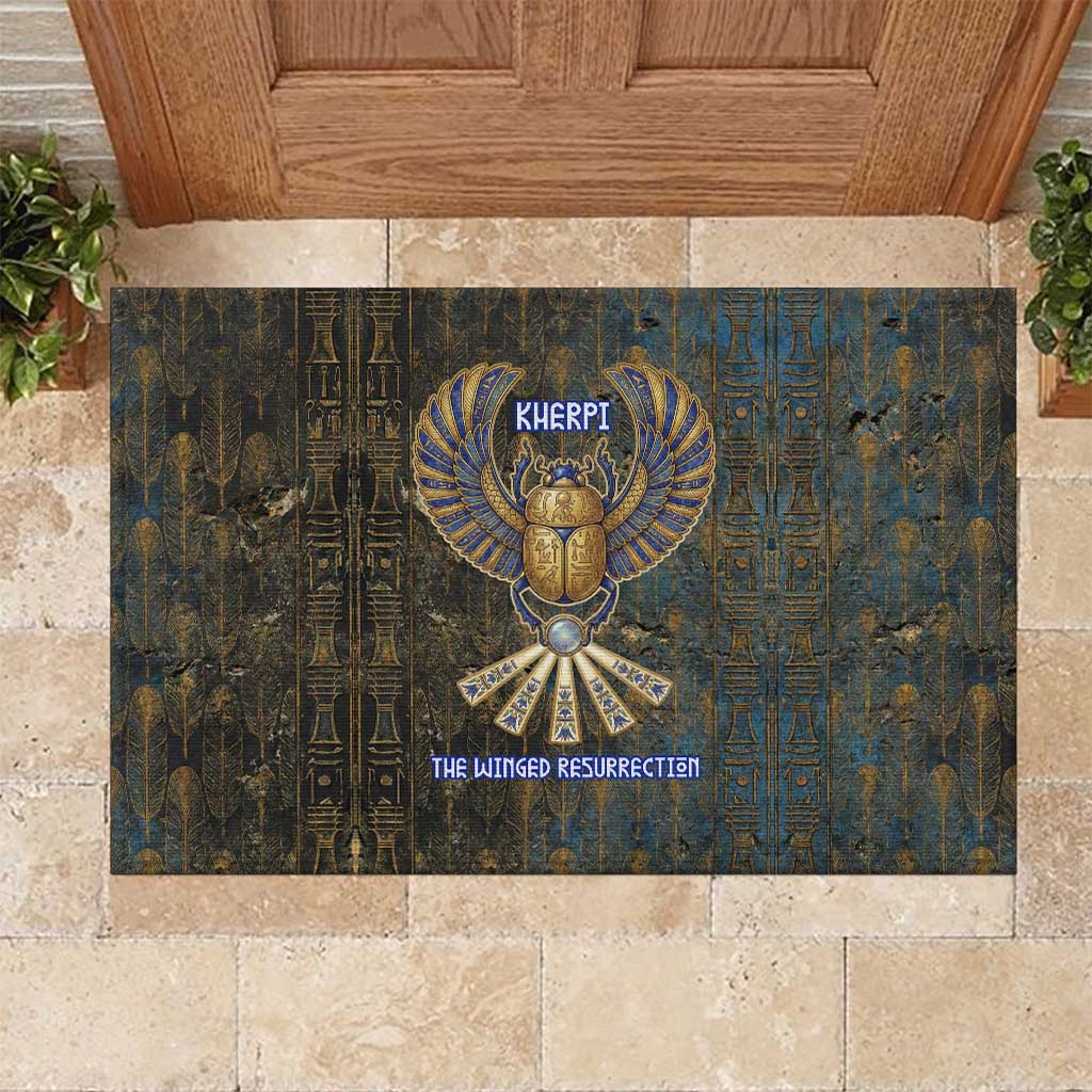 Khepri Ancient Egyptian Rubber Doormat Dark Hieroglyphic, Blue Lotus Eye Symbol, and Winged Scarab Resurrection - Wonder Print Shop