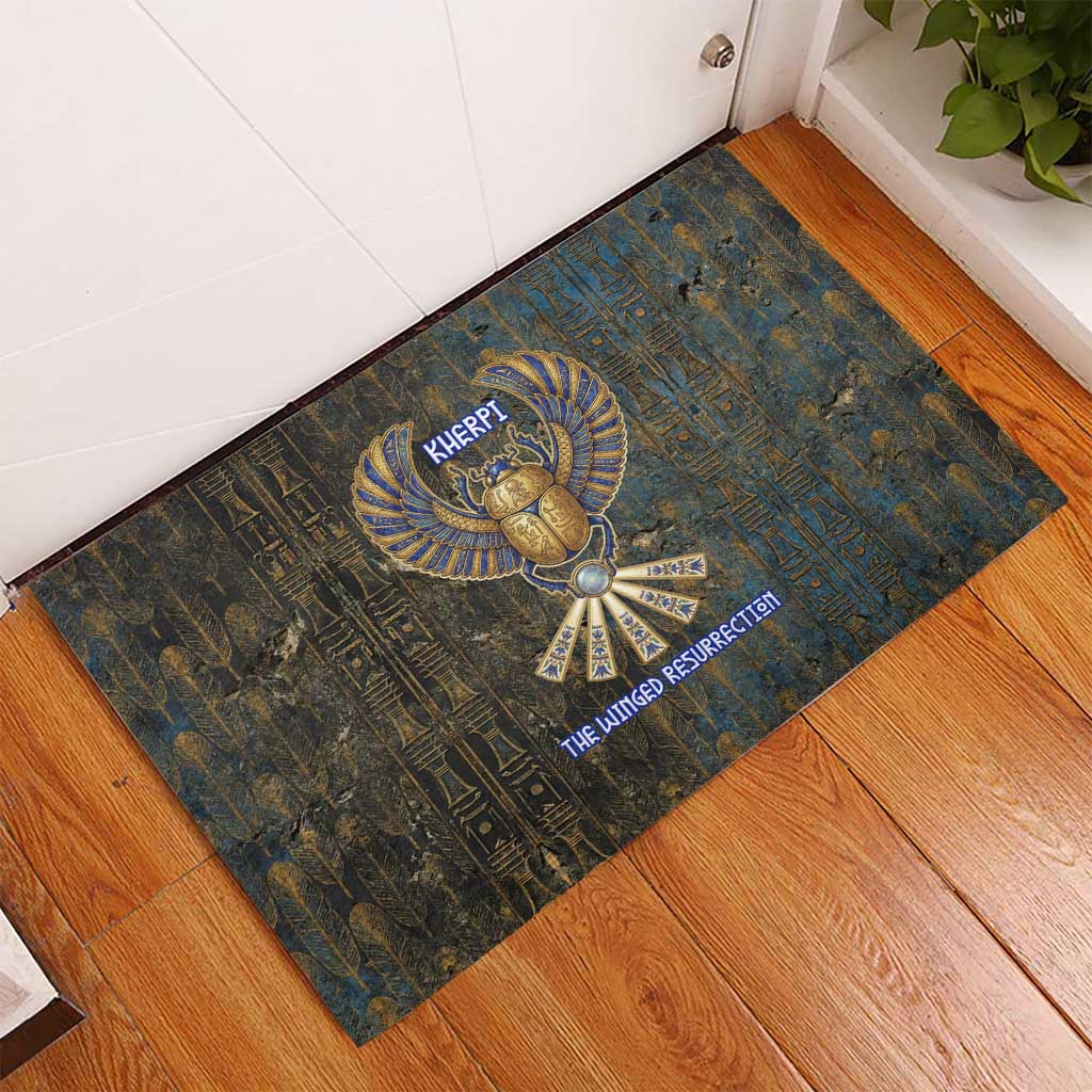Khepri Ancient Egyptian Rubber Doormat Dark Hieroglyphic, Blue Lotus Eye Symbol, and Winged Scarab Resurrection - Wonder Print Shop
