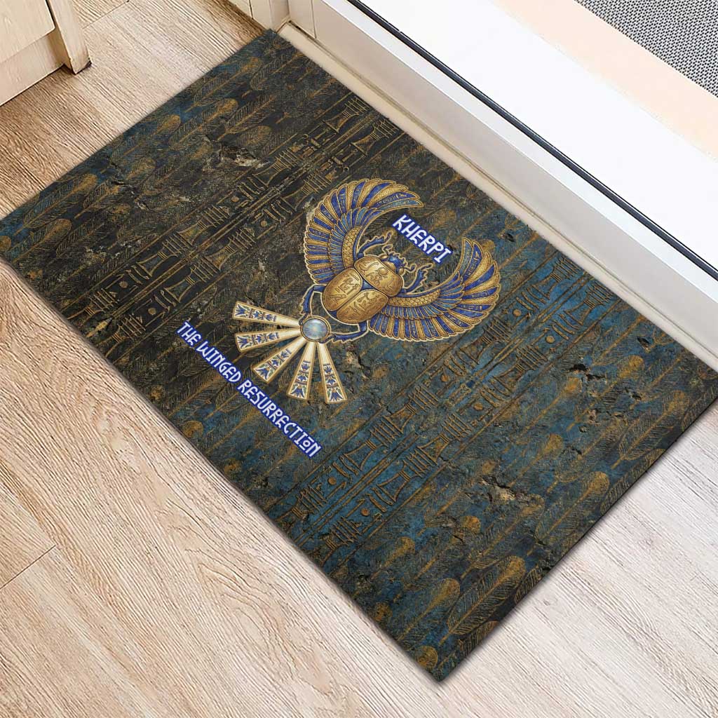 Khepri Ancient Egyptian Rubber Doormat Dark Hieroglyphic, Blue Lotus Eye Symbol, and Winged Scarab Resurrection - Wonder Print Shop