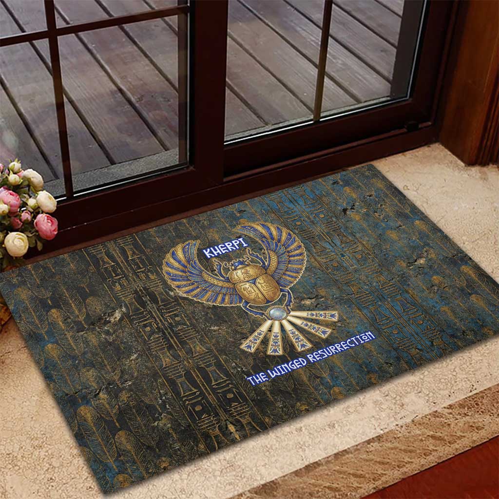 Khepri Ancient Egyptian Rubber Doormat Dark Hieroglyphic, Blue Lotus Eye Symbol, and Winged Scarab Resurrection - Wonder Print Shop
