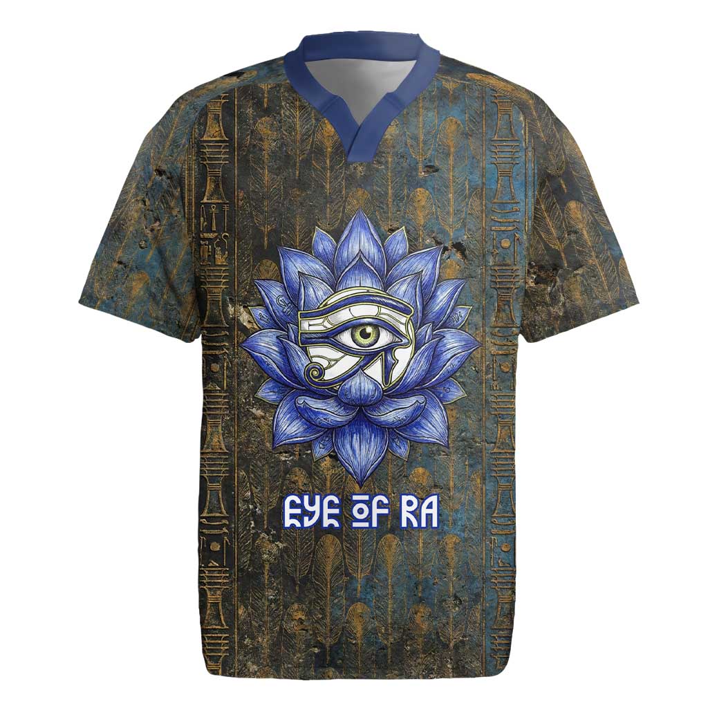 Khepri Ancient Egyptian Rugby Jersey Dark Hieroglyphic, Blue Lotus Eye Symbol, and Winged Scarab Resurrection - Wonder Print Shop