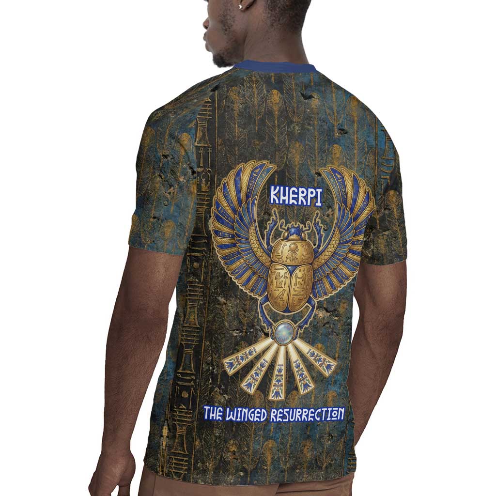 Khepri Ancient Egyptian Rugby Jersey Dark Hieroglyphic, Blue Lotus Eye Symbol, and Winged Scarab Resurrection - Wonder Print Shop