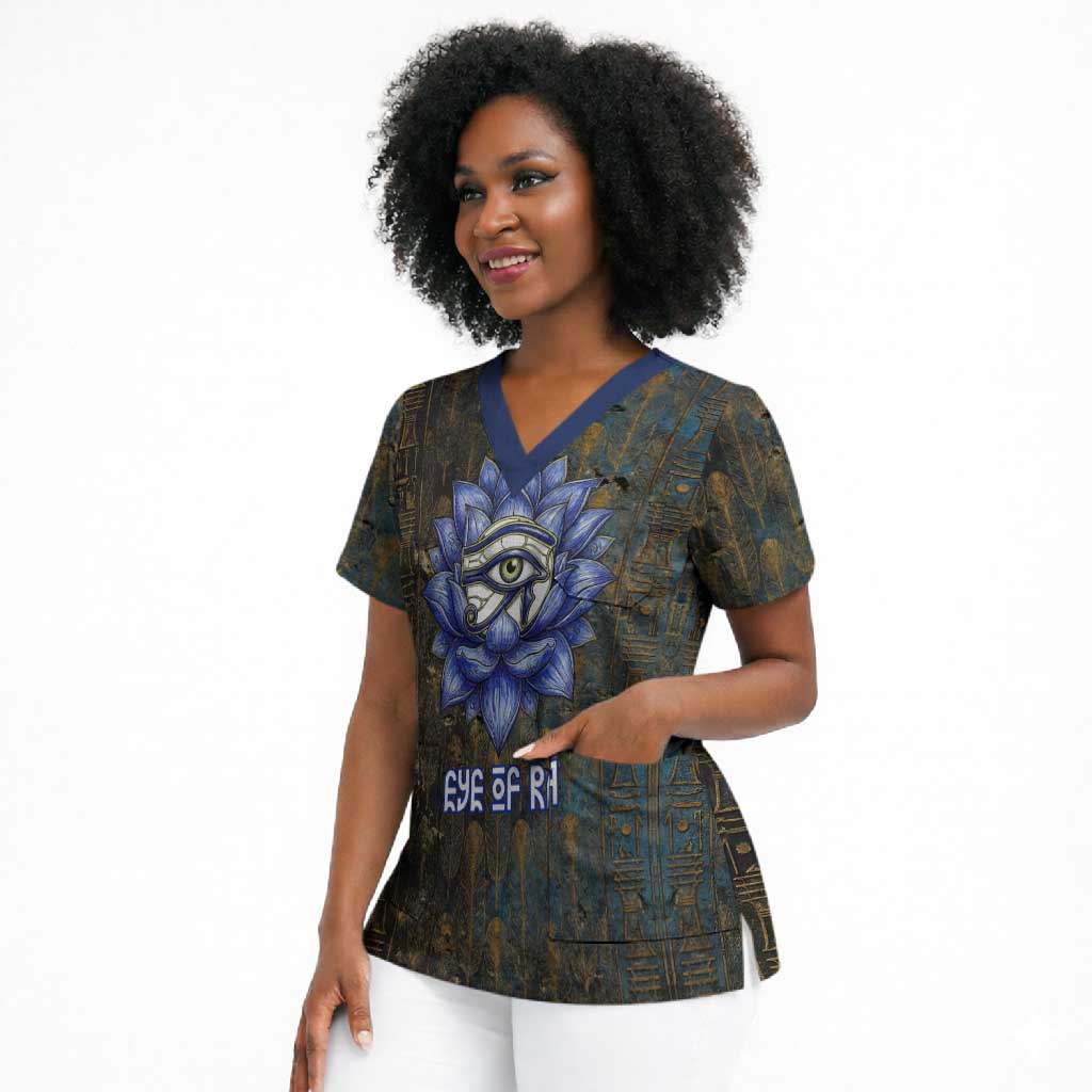 Khepri Ancient Egyptian Scrub Top Dark Hieroglyphic, Blue Lotus Eye Symbol, and Winged Scarab Resurrection - Wonder Print Shop