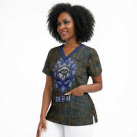 Khepri Ancient Egyptian Scrub Top Dark Hieroglyphic, Blue Lotus Eye Symbol, and Winged Scarab Resurrection - Wonder Print Shop