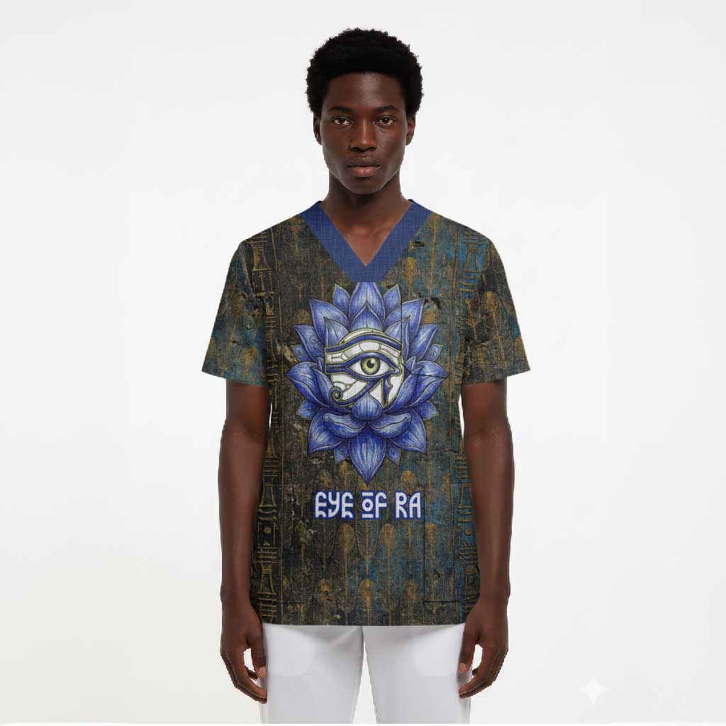 Khepri Ancient Egyptian Scrub Top Dark Hieroglyphic, Blue Lotus Eye Symbol, and Winged Scarab Resurrection - Wonder Print Shop