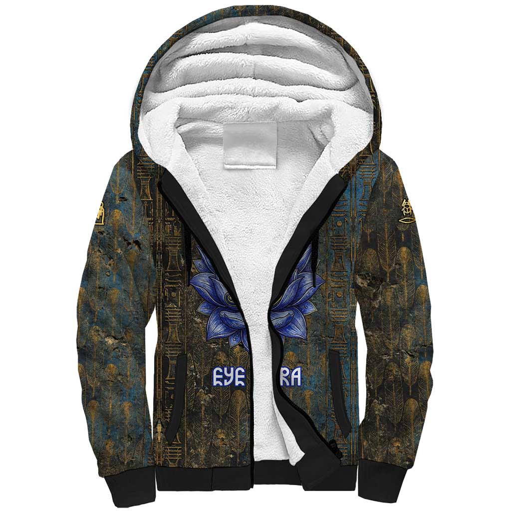 Khepri Ancient Egyptian Sherpa Hoodie Dark Hieroglyphic, Blue Lotus Eye Symbol, and Winged Scarab Resurrection - Wonder Print Shop