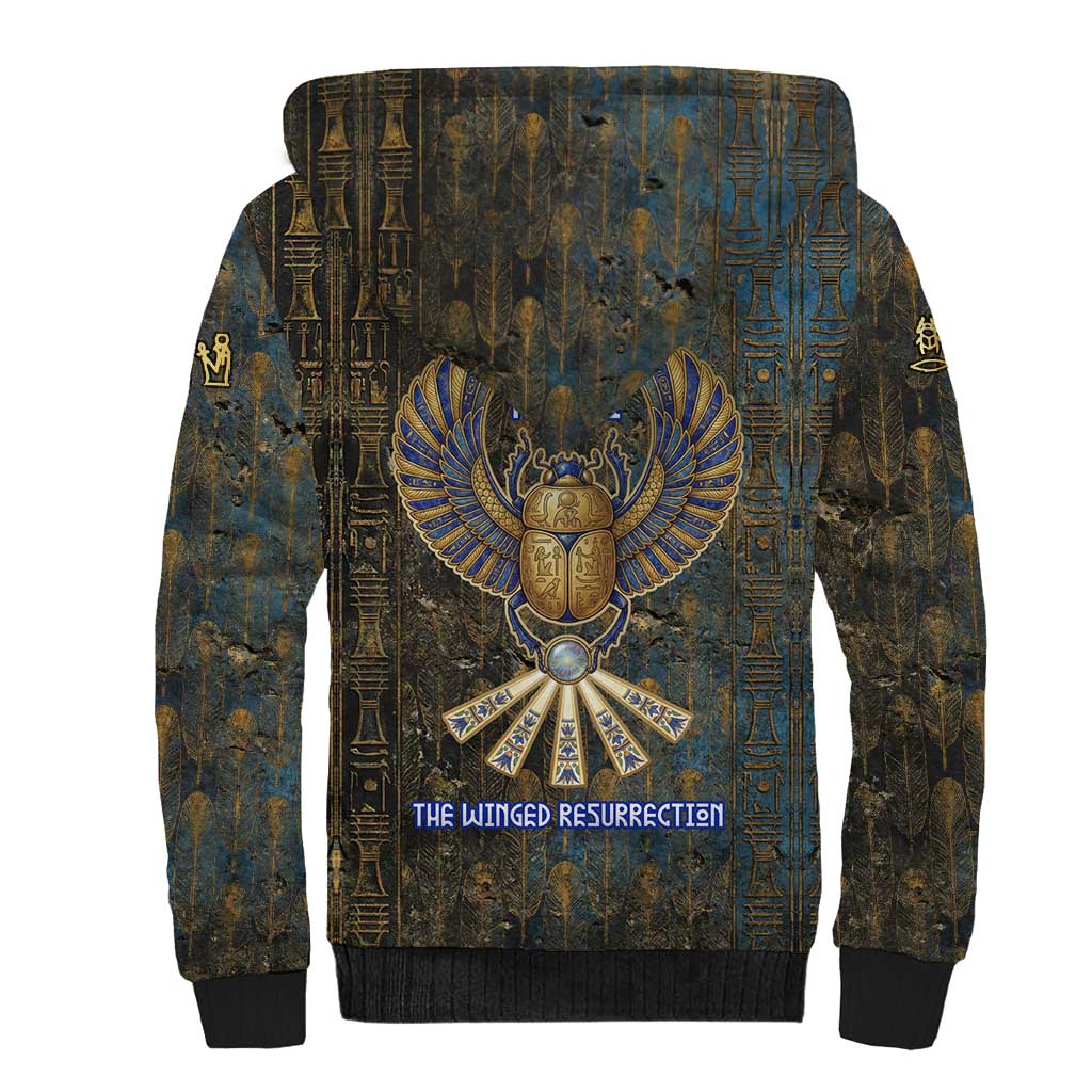 Khepri Ancient Egyptian Sherpa Hoodie Dark Hieroglyphic, Blue Lotus Eye Symbol, and Winged Scarab Resurrection - Wonder Print Shop