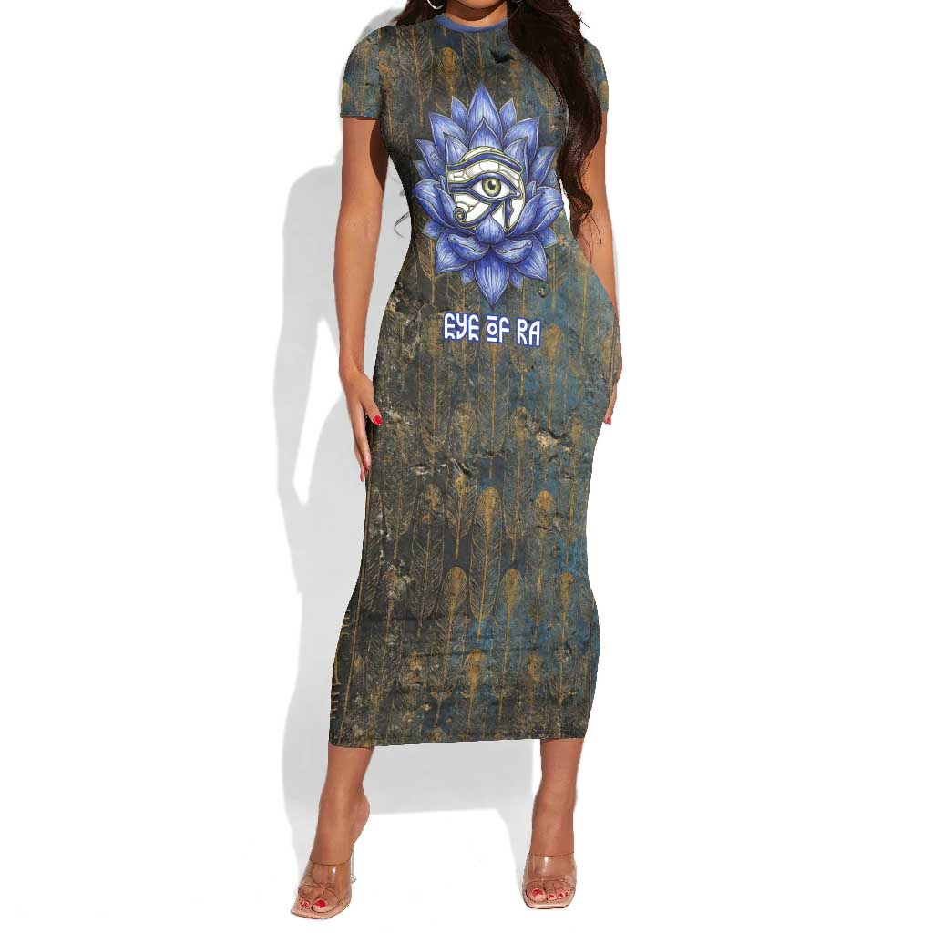 Khepri Ancient Egyptian Short Sleeve Bodycon Dress Dark Hieroglyphic, Blue Lotus Eye Symbol, and Winged Scarab Resurrection - Wonder Print Shop