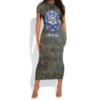 Khepri Ancient Egyptian Short Sleeve Bodycon Dress Dark Hieroglyphic, Blue Lotus Eye Symbol, and Winged Scarab Resurrection - Wonder Print Shop