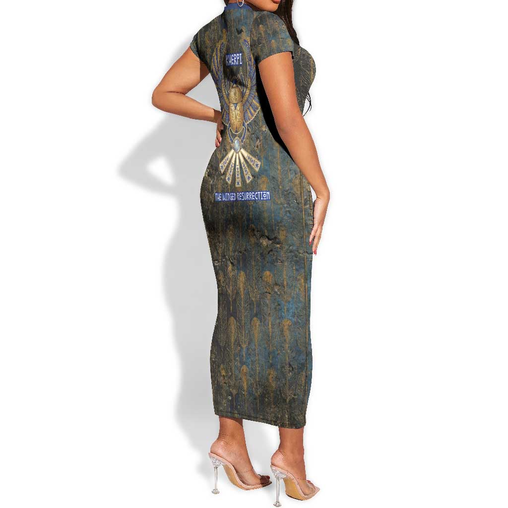 Khepri Ancient Egyptian Short Sleeve Bodycon Dress Dark Hieroglyphic, Blue Lotus Eye Symbol, and Winged Scarab Resurrection - Wonder Print Shop