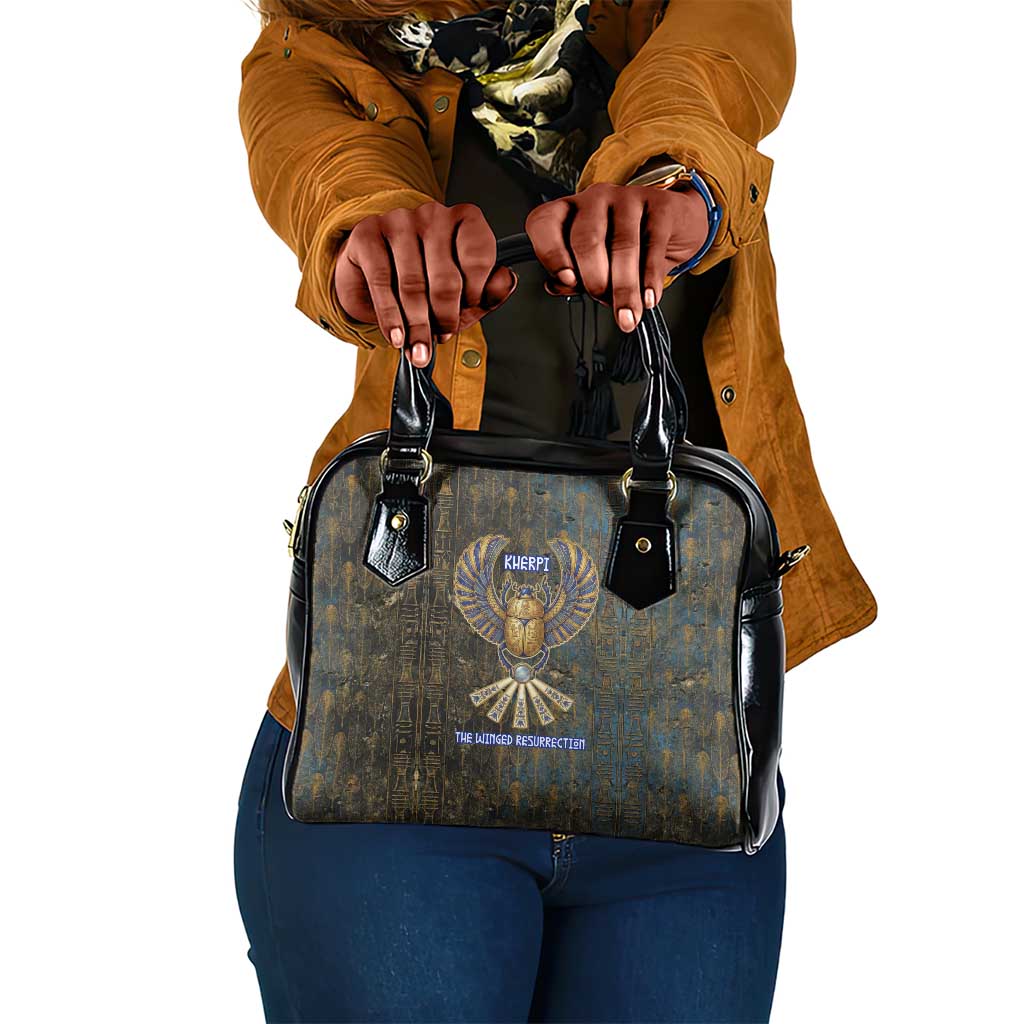 Khepri Ancient Egyptian Shoulder Handbag Dark Hieroglyphic, Blue Lotus Eye Symbol, and Winged Scarab Resurrection - Wonder Print Shop