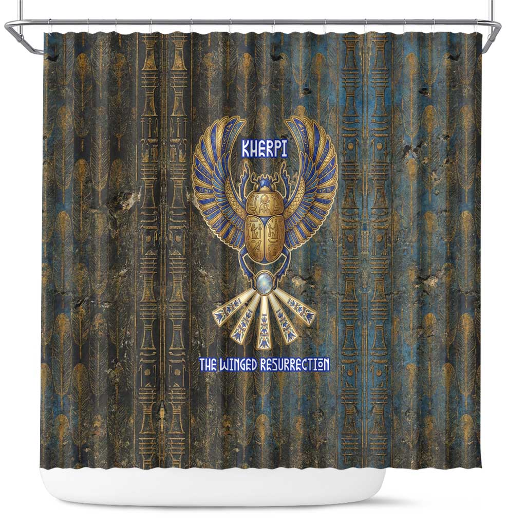 Khepri Ancient Egyptian Shower Curtain Dark Hieroglyphic, Blue Lotus Eye Symbol, and Winged Scarab Resurrection - Wonder Print Shop