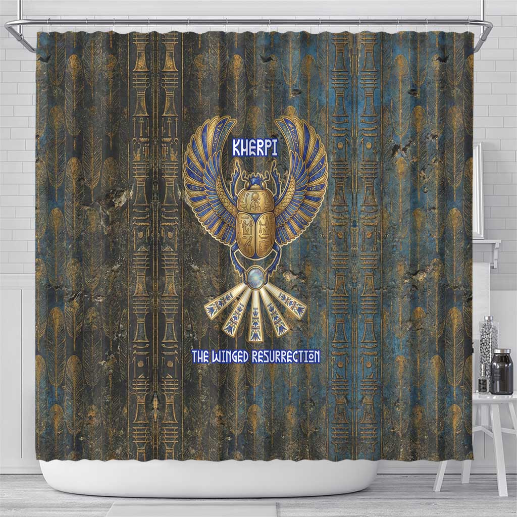 Khepri Ancient Egyptian Shower Curtain Dark Hieroglyphic, Blue Lotus Eye Symbol, and Winged Scarab Resurrection - Wonder Print Shop