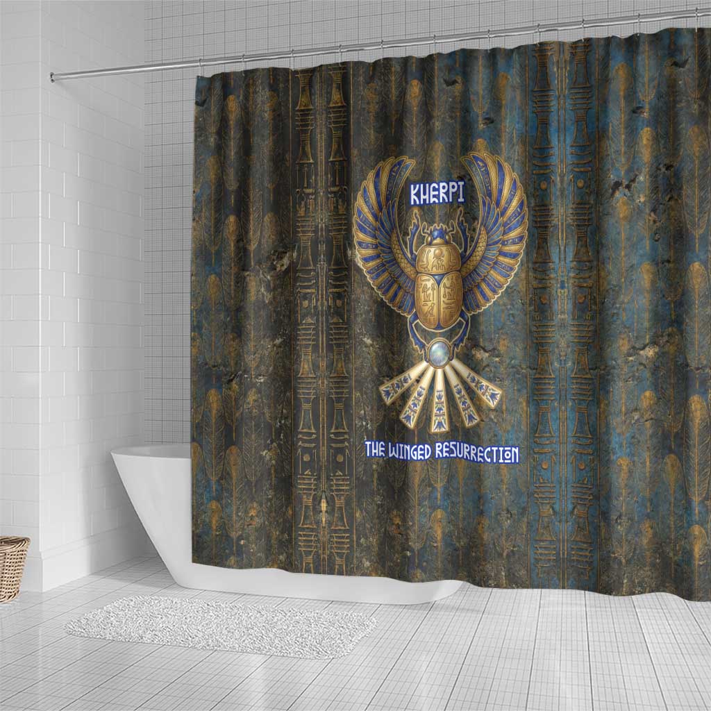 Khepri Ancient Egyptian Shower Curtain Dark Hieroglyphic, Blue Lotus Eye Symbol, and Winged Scarab Resurrection - Wonder Print Shop