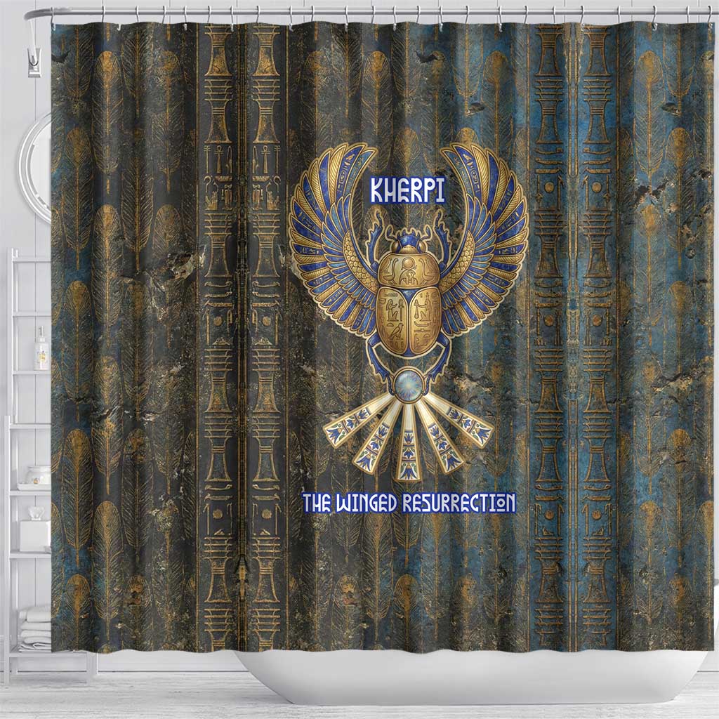 Khepri Ancient Egyptian Shower Curtain Dark Hieroglyphic, Blue Lotus Eye Symbol, and Winged Scarab Resurrection - Wonder Print Shop