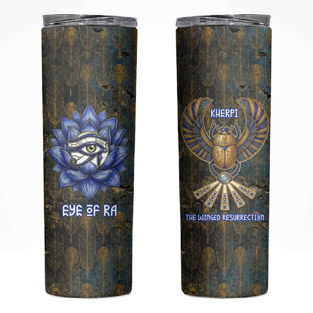 Khepri Ancient Egyptian Skinny Tumbler Dark Hieroglyphic, Blue Lotus Eye Symbol, and Winged Scarab Resurrection - Wonder Print Shop