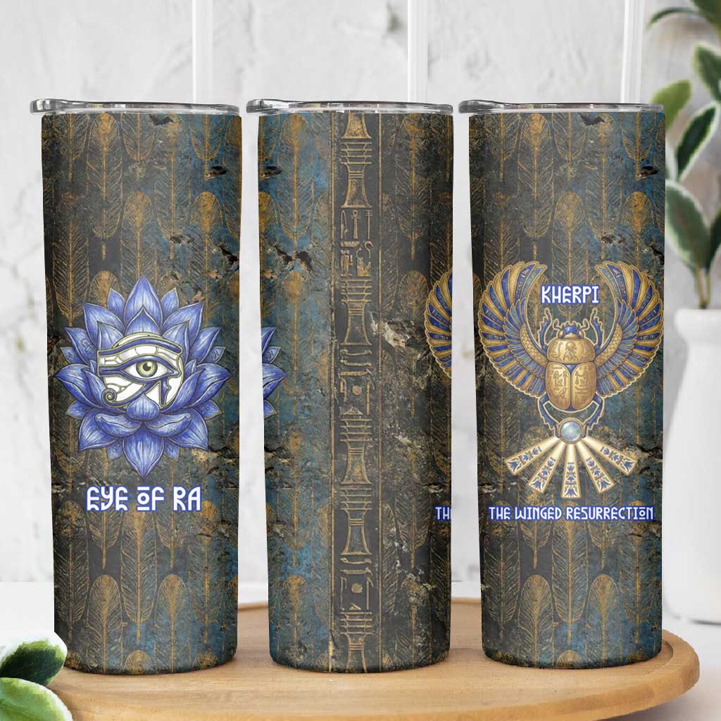 Khepri Ancient Egyptian Skinny Tumbler Dark Hieroglyphic, Blue Lotus Eye Symbol, and Winged Scarab Resurrection - Wonder Print Shop