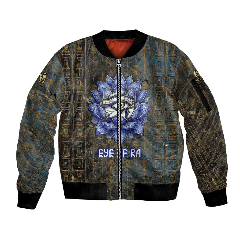 Khepri Ancient Egyptian Sleeve Zip Bomber Jacket Dark Hieroglyphic, Blue Lotus Eye Symbol, and Winged Scarab Resurrection - Wonder Print Shop