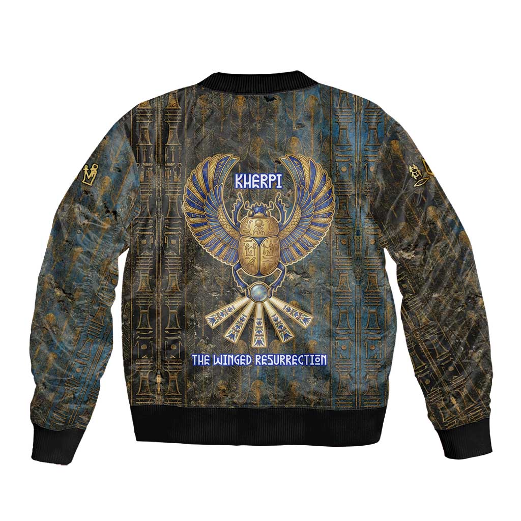 Khepri Ancient Egyptian Sleeve Zip Bomber Jacket Dark Hieroglyphic, Blue Lotus Eye Symbol, and Winged Scarab Resurrection - Wonder Print Shop