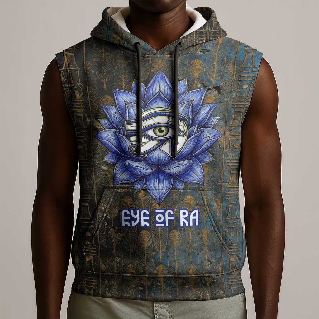 Khepri Ancient Egyptian Sleeveless Hoodie Dark Hieroglyphic, Blue Lotus Eye Symbol, and Winged Scarab Resurrection - Wonder Print Shop