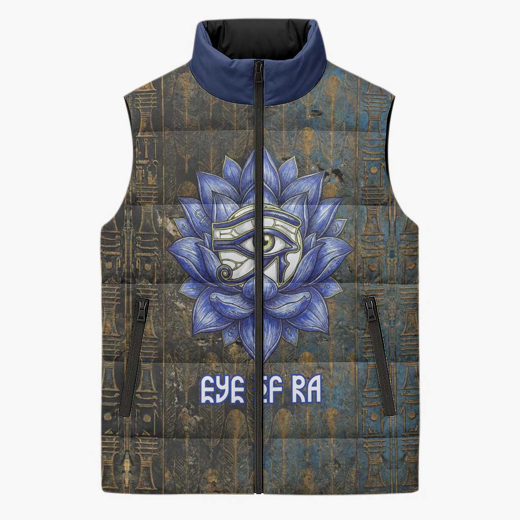 Khepri Ancient Egyptian Sleeveless Puffer Jacket Dark Hieroglyphic, Blue Lotus Eye Symbol, and Winged Scarab Resurrection - Wonder Print Shop