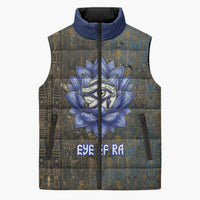 Khepri Ancient Egyptian Sleeveless Puffer Jacket Dark Hieroglyphic, Blue Lotus Eye Symbol, and Winged Scarab Resurrection - Wonder Print Shop