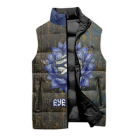 Khepri Ancient Egyptian Sleeveless Puffer Jacket Dark Hieroglyphic, Blue Lotus Eye Symbol, and Winged Scarab Resurrection - Wonder Print Shop