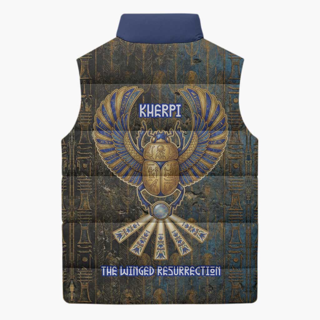 Khepri Ancient Egyptian Sleeveless Puffer Jacket Dark Hieroglyphic, Blue Lotus Eye Symbol, and Winged Scarab Resurrection - Wonder Print Shop