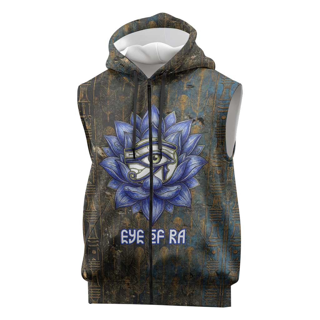 Khepri Ancient Egyptian Sleeveless Zip Hoodie Dark Hieroglyphic, Blue Lotus Eye Symbol, and Winged Scarab Resurrection - Wonder Print Shop