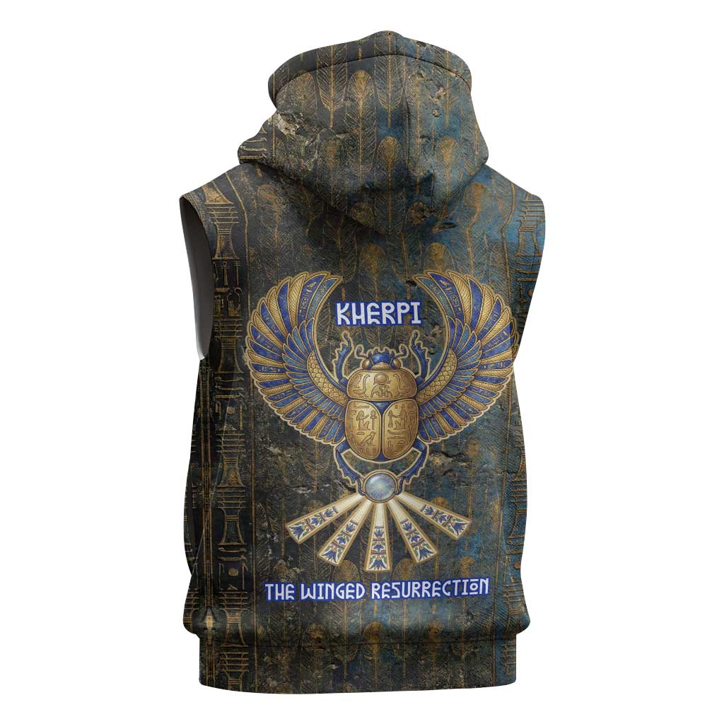 Khepri Ancient Egyptian Sleeveless Zip Hoodie Dark Hieroglyphic, Blue Lotus Eye Symbol, and Winged Scarab Resurrection - Wonder Print Shop