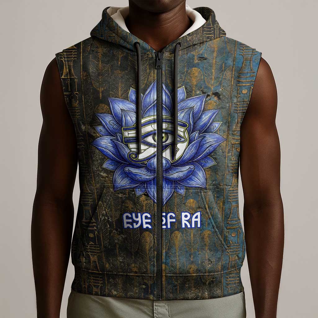 Khepri Ancient Egyptian Sleeveless Zip Hoodie Dark Hieroglyphic, Blue Lotus Eye Symbol, and Winged Scarab Resurrection - Wonder Print Shop