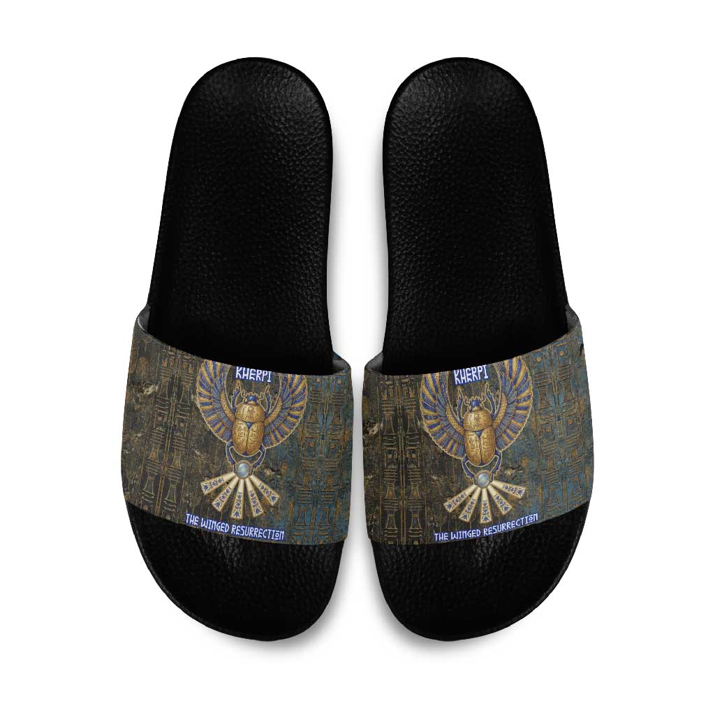 Khepri Ancient Egyptian Slide Sandals Dark Hieroglyphic, Blue Lotus Eye Symbol, and Winged Scarab Resurrection - Wonder Print Shop