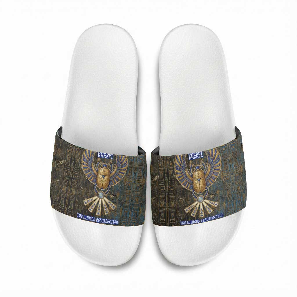 Khepri Ancient Egyptian Slide Sandals Dark Hieroglyphic, Blue Lotus Eye Symbol, and Winged Scarab Resurrection - Wonder Print Shop