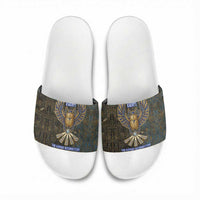 Khepri Ancient Egyptian Slide Sandals Dark Hieroglyphic, Blue Lotus Eye Symbol, and Winged Scarab Resurrection - Wonder Print Shop