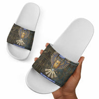 Khepri Ancient Egyptian Slide Sandals Dark Hieroglyphic, Blue Lotus Eye Symbol, and Winged Scarab Resurrection - Wonder Print Shop